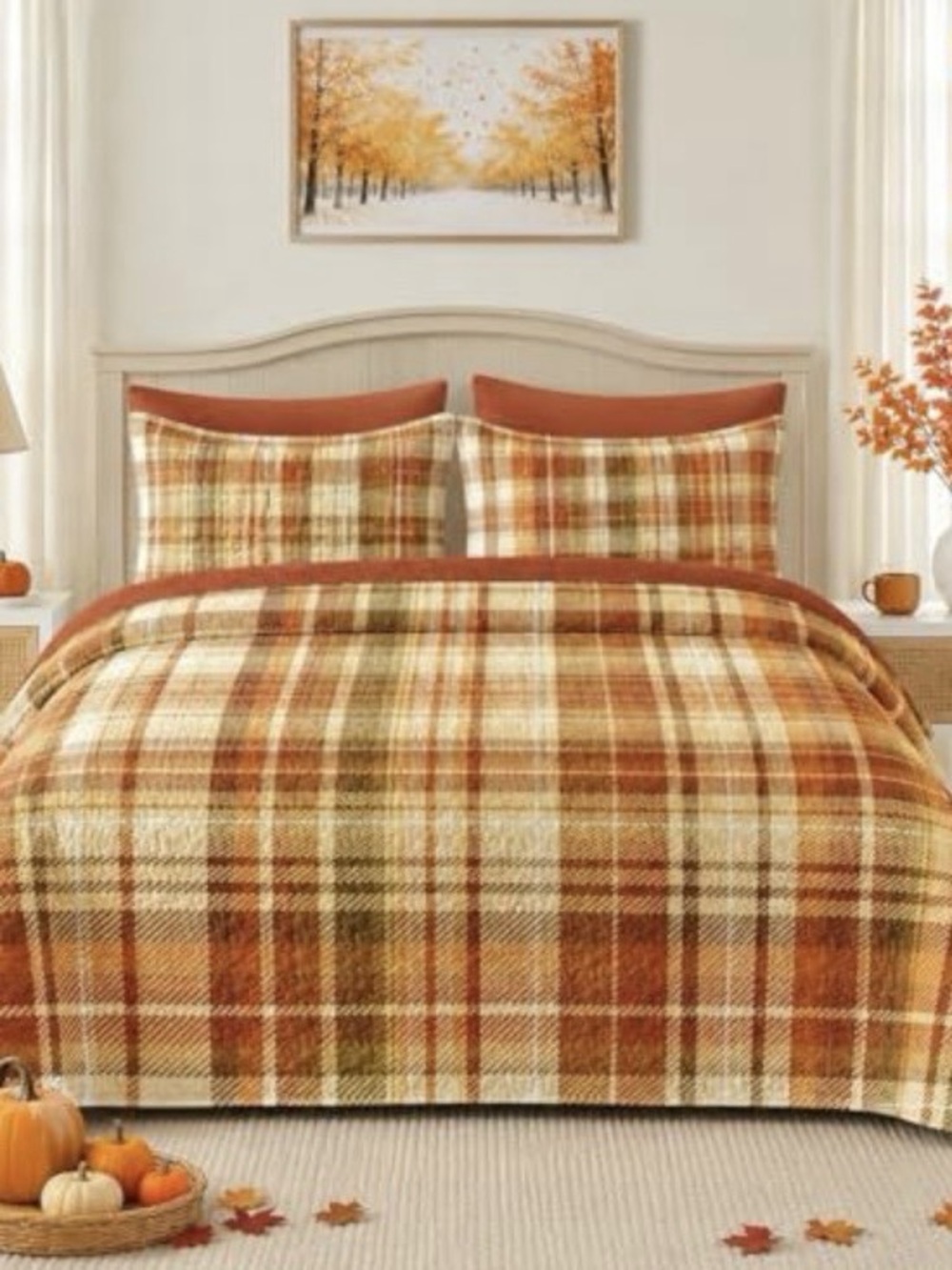 Plaid Comforter Set in Brown & Orange Like New